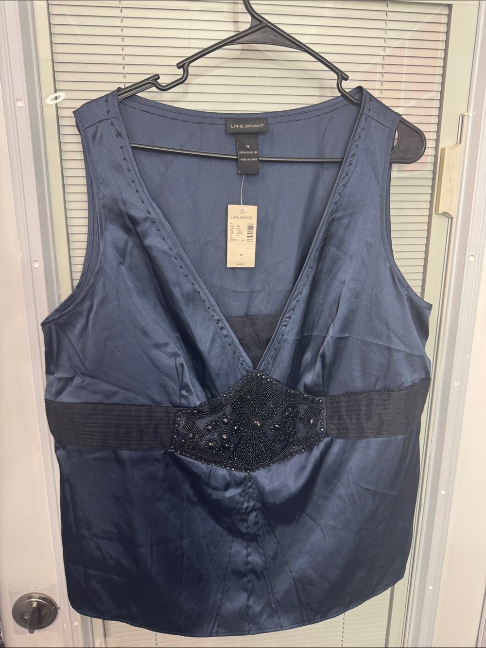 Lane Bryant Navy Satin V-Neck Tank Beaded Neck and Tulle Details- Size 18